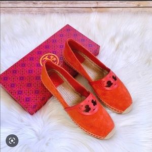 Tory Burch espadrilles, red/orange suede, size 8